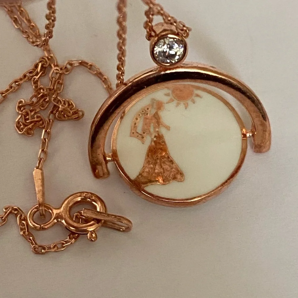 Bride groom reversible spinning 925 silver necklace cz enamel